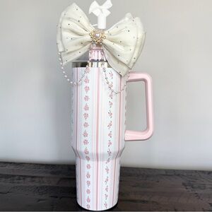 White & Pink Floral NWT Stainless Tumbler Bow & Pearl Accent & Straw Topper 40oz